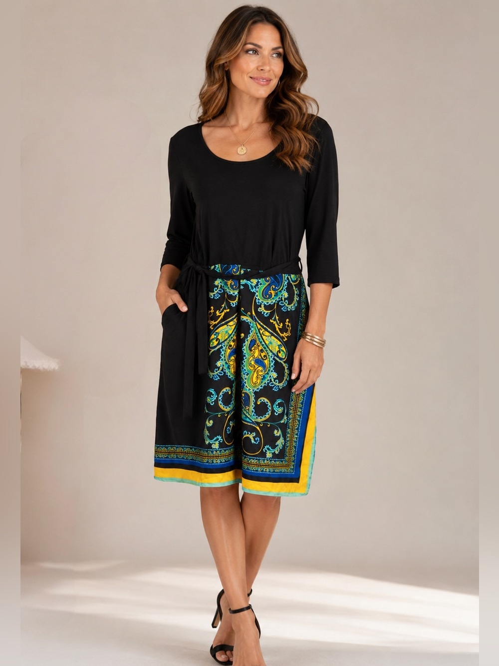 Madison Women’s Black and Multicolor Midi Dress XL